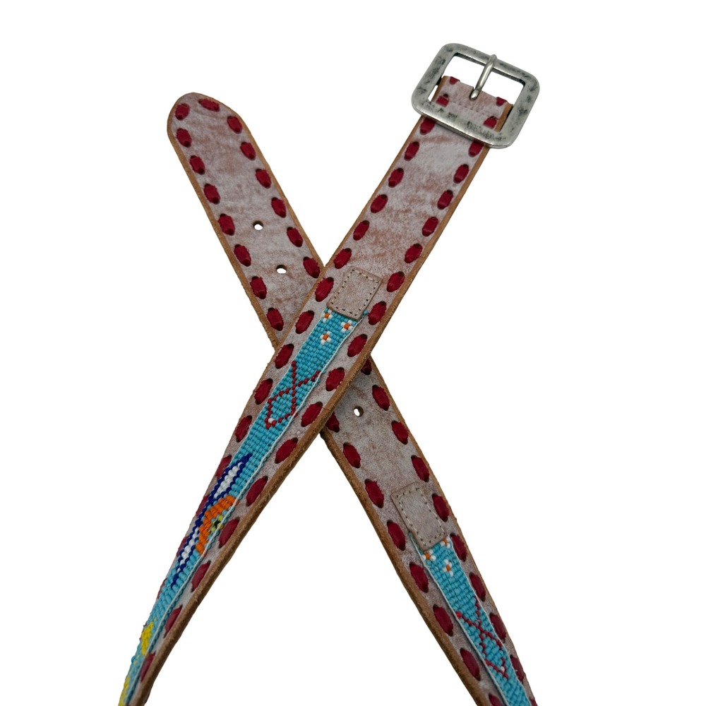 Western Beaded Leather Belt Unisex 33-37 White Red Blue Excellent Western Boho
